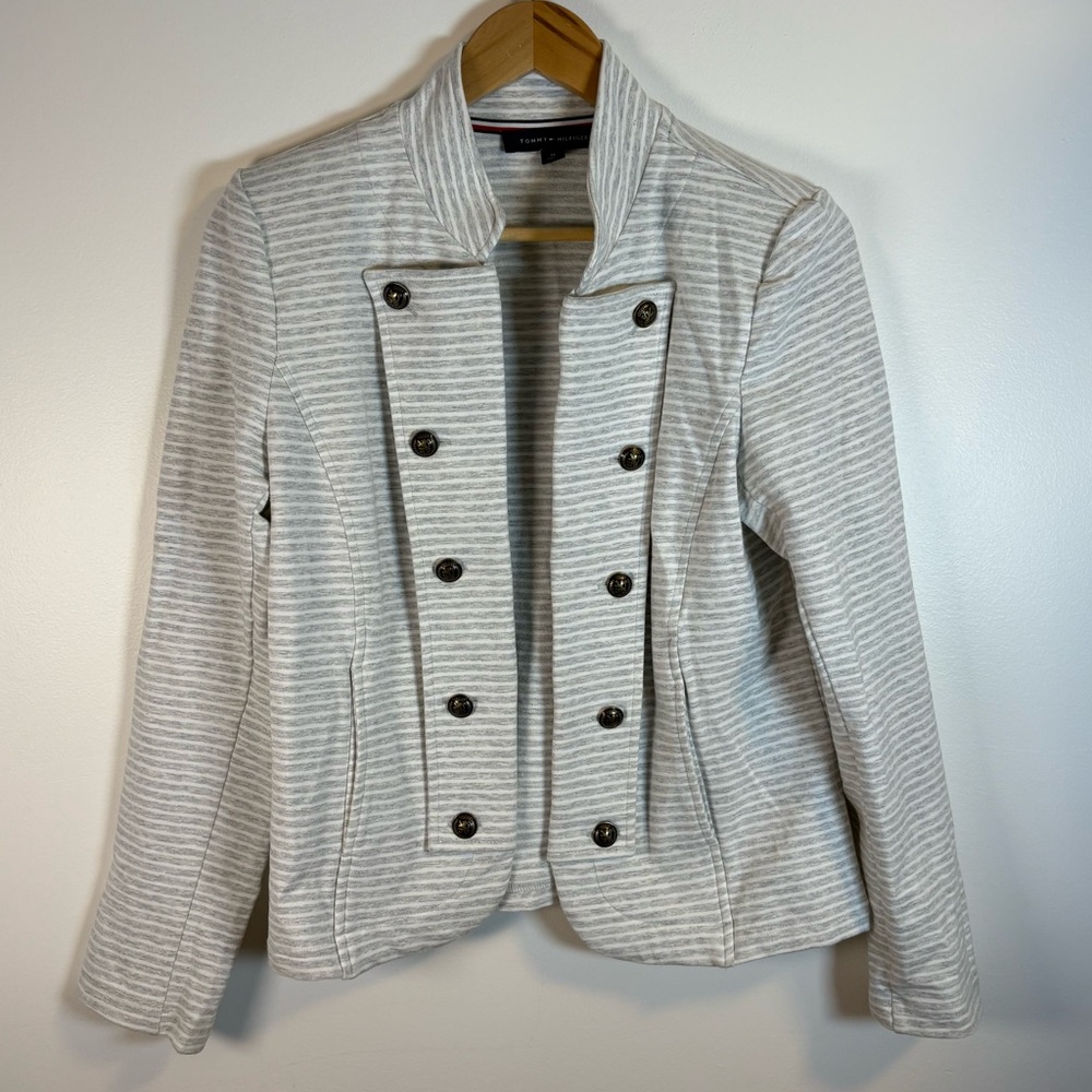 Tommy Hilfiger Women’s Grey White Stripe Knit Blazer Medium Military Buttons